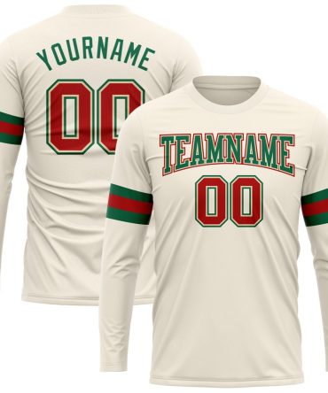 Custom Cream Red-Kelly Green Long Sleeve Performance T-Shirt, For Football, Baseball, Hockey, Basketball, Softball & Rugby Fans