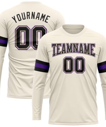 Custom Cream Black-Purple Long Sleeve Performance T-Shirt, For Football, Baseball, Hockey, Basketball, Softball & Rugby Fans