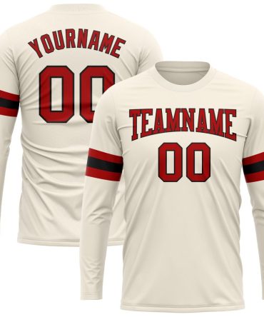 Custom Cream Red-Black Long Sleeve Performance T-Shirt, For Football, Baseball, Hockey, Basketball, Softball & Rugby Fans