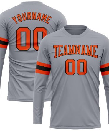 Custom Gray Orange-Black Long Sleeve Performance T-Shirt, For Football, Baseball, Hockey, Basketball, Softball & Rugby Fans