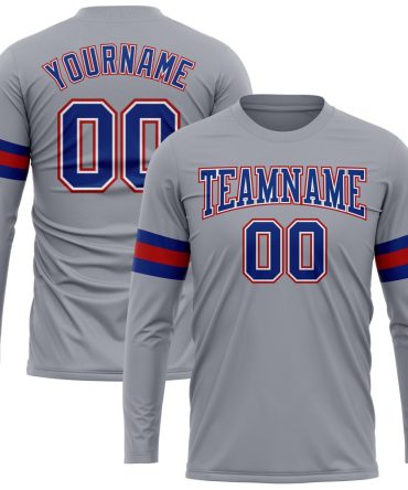 Custom Gray Royal-Red Long Sleeve Performance T-Shirt, For Football, Baseball, Hockey, Basketball, Softball & Rugby Fans