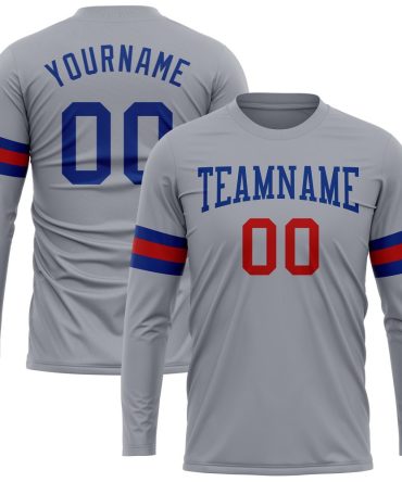 Custom Gray Royal-Red Long Sleeve Performance T-Shirt, For Football, Baseball, Hockey, Basketball, Softball & Rugby Fans