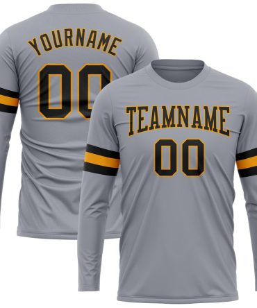 Custom Gray Black-Gold Long Sleeve Performance T-Shirt, For Football, Baseball, Hockey, Basketball, Softball & Rugby Fans