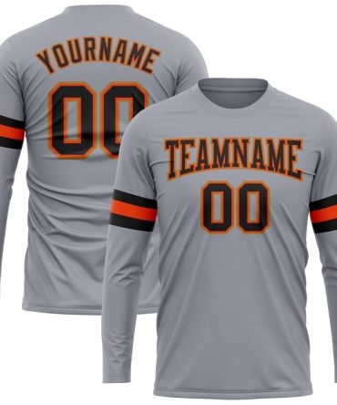 Custom Gray Black Orange-Old Gold Long Sleeve Performance T-Shirt, For Football, Baseball, Hockey, Basketball, Softball & Rugby Fans