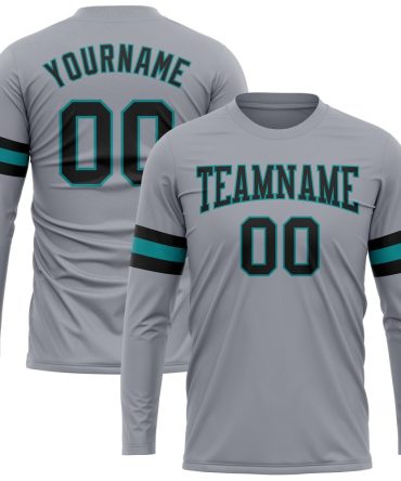 Custom Gray Black-Aqua Long Sleeve Performance T-Shirt, For Football, Baseball, Hockey, Basketball, Softball & Rugby Fans