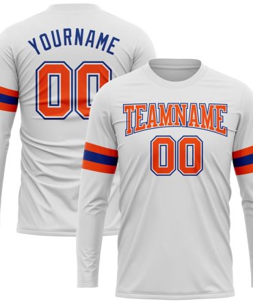 Custom White Orange-Royal Long Sleeve Performance T-Shirt, For Football, Baseball, Hockey, Basketball, Softball & Rugby Fans