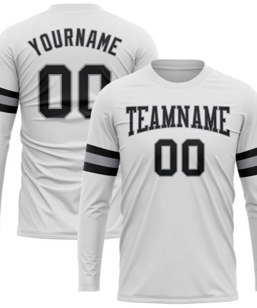 Custom White Black-Gray Long Sleeve Performance T-Shirt, For Football, Baseball, Hockey, Basketball, Softball & Rugby Fans