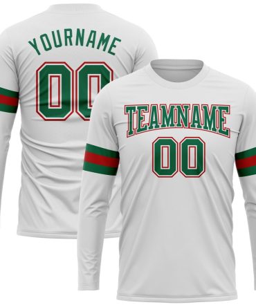 Custom White Kelly Green-Red Long Sleeve Performance T-Shirt, For Football, Baseball, Hockey, Basketball, Softball & Rugby Fans