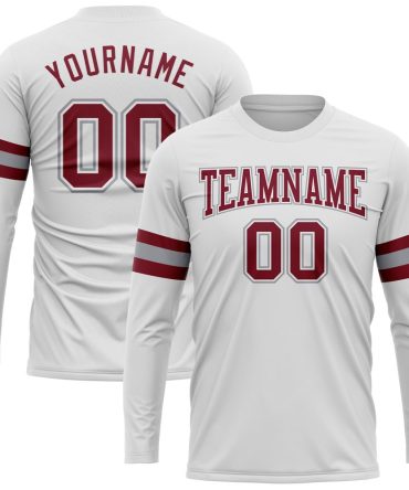 Custom White Crimson-Gray Long Sleeve Performance T-Shirt, For Football, Baseball, Hockey, Basketball, Softball & Rugby Fans