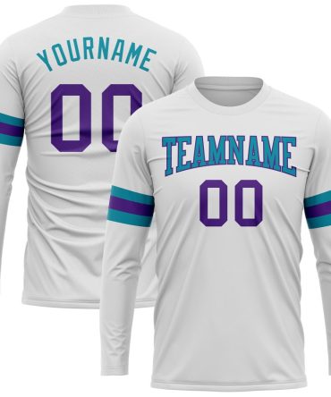 Custom White Purple-Teal Long Sleeve Performance T-Shirt, For Football, Baseball, Hockey, Basketball, Softball & Rugby Fans