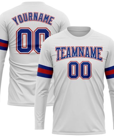 Custom White Royal-Red Long Sleeve Performance T-Shirt, For Football, Baseball, Hockey, Basketball, Softball & Rugby Fans
