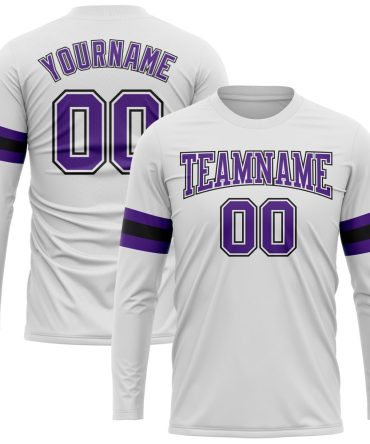 Custom White Purple-Black Long Sleeve Performance T-Shirt, For Football, Baseball, Hockey, Basketball, Softball & Rugby Fans