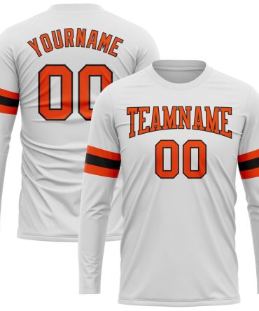 Custom White Orange-Black Long Sleeve Performance T-Shirt, For Football, Baseball, Hockey, Basketball, Softball & Rugby Fans