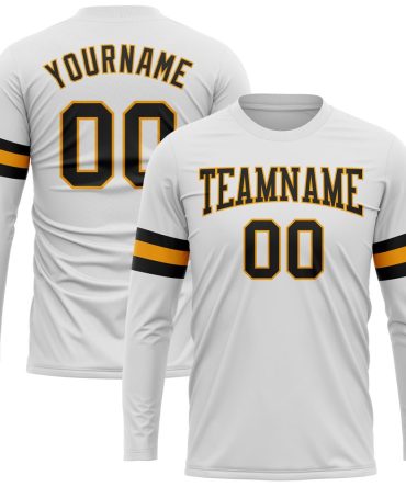 Custom White Black-Gold Long Sleeve Performance T-Shirt, For Football, Baseball, Hockey, Basketball, Softball & Rugby Fans