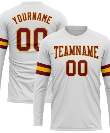 Custom White Crimson-Gold Long Sleeve Performance T-Shirt, For Football, Baseball, Hockey, Basketball, Softball & Rugby Fans