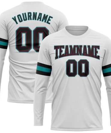 Custom White Black Crimson-Aqua Long Sleeve Performance T-Shirt, For Football, Baseball, Hockey, Basketball, Softball & Rugby Fans