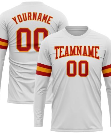Custom White Red-Gold Long Sleeve Performance T-Shirt, For Football, Baseball, Hockey, Basketball, Softball & Rugby Fans