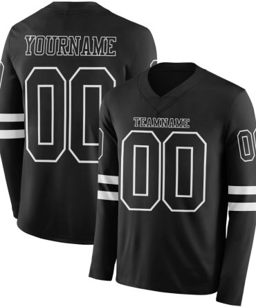 Custom Black White Long Sleeve Authentic Football Jersey, Gift For Football Fans