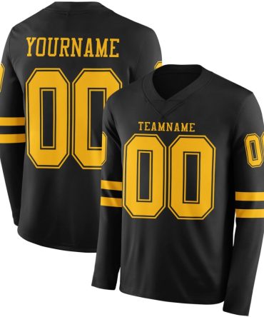 Custom Black Gold Long Sleeve Authentic Football Jersey, Gift For Football Fans