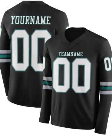Custom Black White Gray-Midnight Green Long Sleeve Authentic Football Jersey, Gift For Football Fans