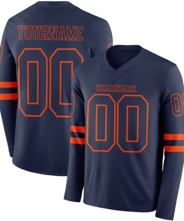 Custom Navy Orange Long Sleeve Authentic Football Jersey, Gift For Football Fans
