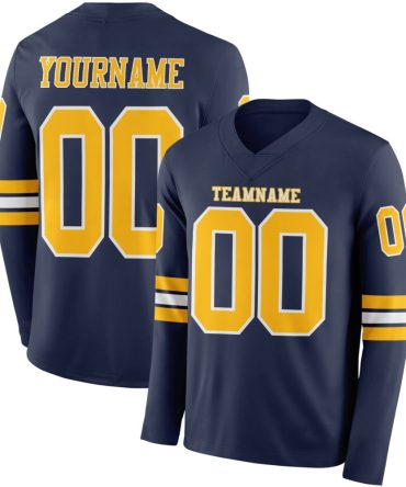 Custom Navy Gold-White Long Sleeve Authentic Football Jersey, Gift For Football Fans