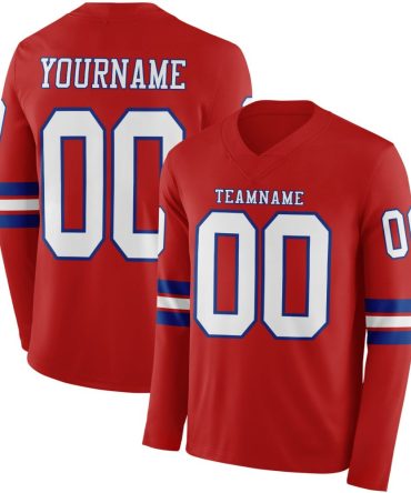 Custom Red White-Royal Long Sleeve Authentic Football Jersey, Gift For Football Fans