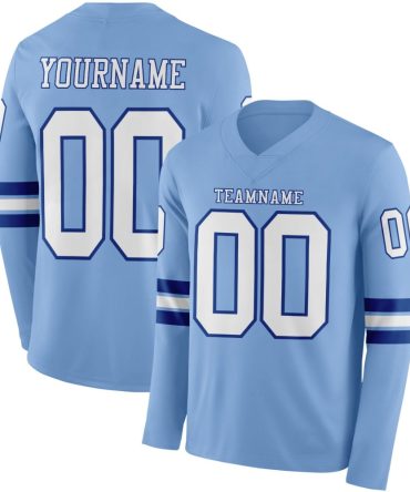 Custom Light Blue White-Royal Long Sleeve Authentic Football Jersey, Gift For Football Fans