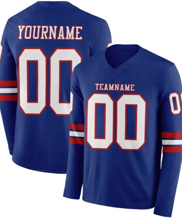 Custom Royal White-Red Long Sleeve Authentic Football Jersey, Gift For Football Fans