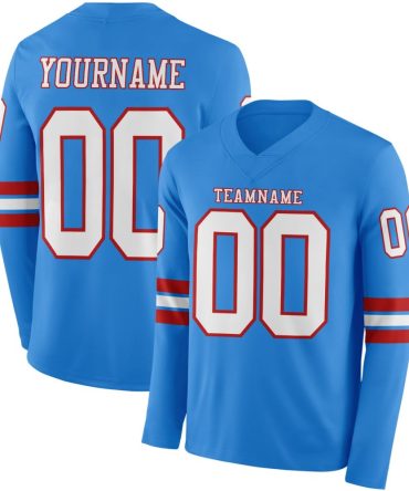 Custom Powder Blue White-Red Long Sleeve Authentic Football Jersey, Gift For Football Fans