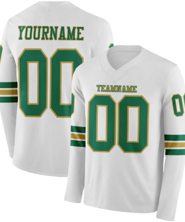 Custom White Kelly Green-Old Gold Long Sleeve Authentic Football Jersey, Gift For Football Fans