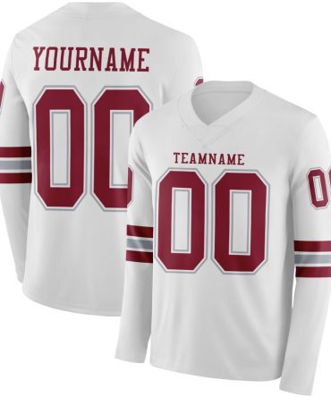 Custom White Crimson-Gray Long Sleeve Authentic Football Jersey, Gift For Football Fans