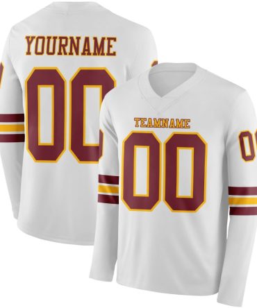Custom White Burgundy-Gold Long Sleeve Authentic Football Jersey, Gift For Football Fans