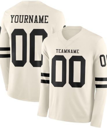Custom Cream Black Long Sleeve Authentic Football Jersey, Gift For Football Fans