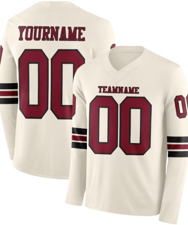 Custom Cream Crimson-Black Long Sleeve Authentic Football Jersey, Gift For Football Fans