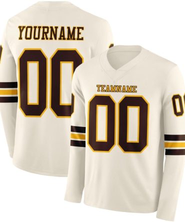 Custom Cream Brown-Gold Long Sleeve Authentic Football Jersey, Gift For Football Fans