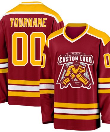 Custom Maroon Gold-White Hockey Jersey, Gift For Hockey Fans