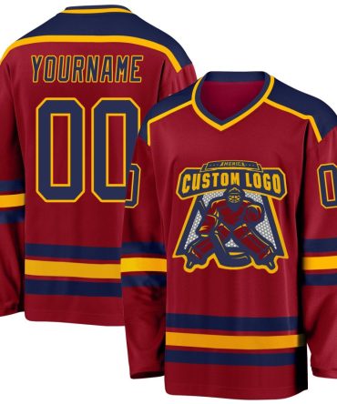 Custom Maroon Navy-Gold Hockey Jersey, Gift For Hockey Fans