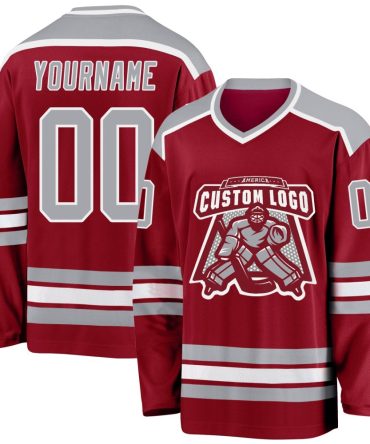 Custom Maroon Gray-White Hockey Jersey, Gift For Hockey Fans