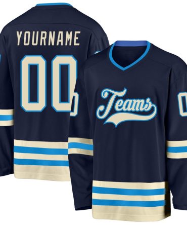 Custom Navy Cream-Blue Hockey Jersey, Gift For Hockey Fans