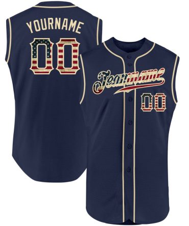Custom Navy Vintage Usa Flag-Cream Sleeveless Baseball Jersey, Gift For Baseball Fans
