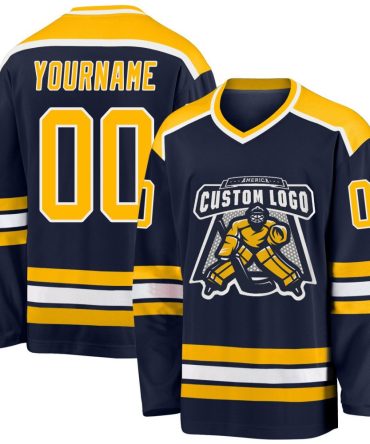 Custom Navy Gold-White Hockey Jersey, Gift For Hockey Fans