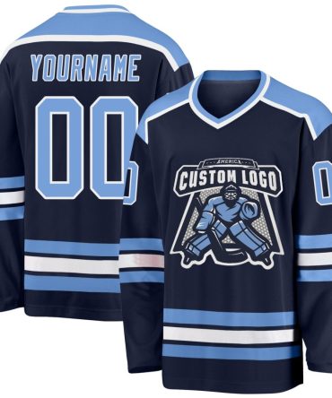 Custom Navy Light Blue-White Hockey Jersey, Gift For Hockey Fans