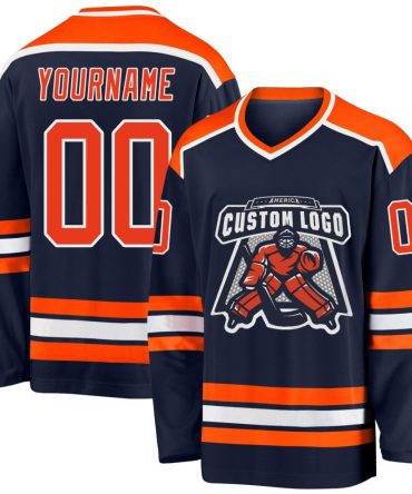 Custom Navy Orange-White Hockey Jersey, Gift For Hockey Fans
