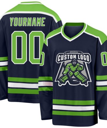 Custom Navy Neon Green-White Hockey Jersey, Gift For Hockey Fans