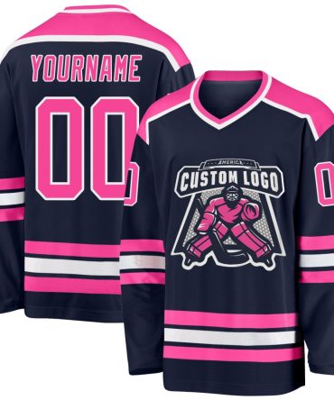 Custom Navy Pink-White Hockey Jersey, Gift For Hockey Fans