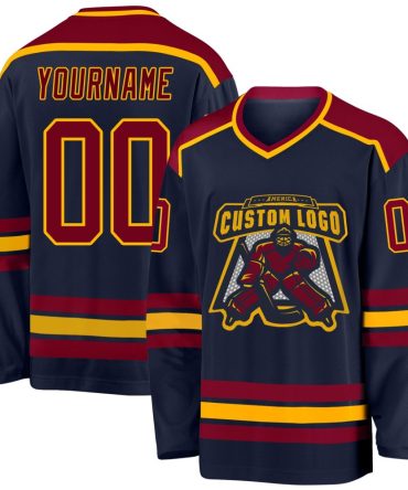 Custom Navy Maroon-Gold Hockey Jersey, Gift For Hockey Fans