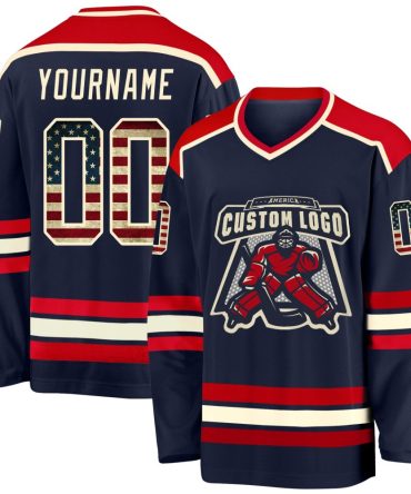 Custom Navy Vintage Usa Flag Cream-Red Hockey Jersey, Gift For Hockey Fans