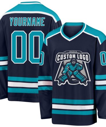 Custom Navy Teal-White Hockey Jersey, Gift For Hockey Fans
