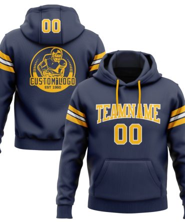 Custom Navy Gold-White Football Pullover Sweatshirt Hoodie, Gift For Football, Baseball, Hockey, Basketball, Softball & Rugby Fans